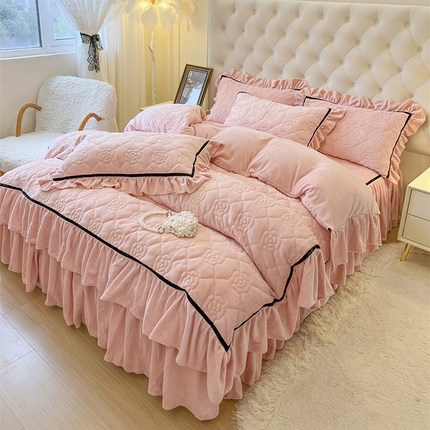 网红馆 2025新款高克重加厚保暖牛奶绒法式大花边四件套-眷恋 眷恋-少女粉