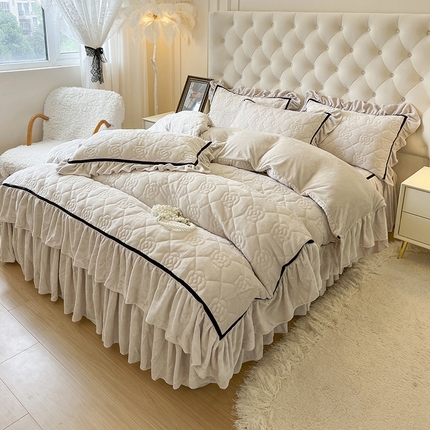 网红馆 2025新款高克重加厚保暖牛奶绒法式大花边四件套-眷恋 眷恋-米卡其