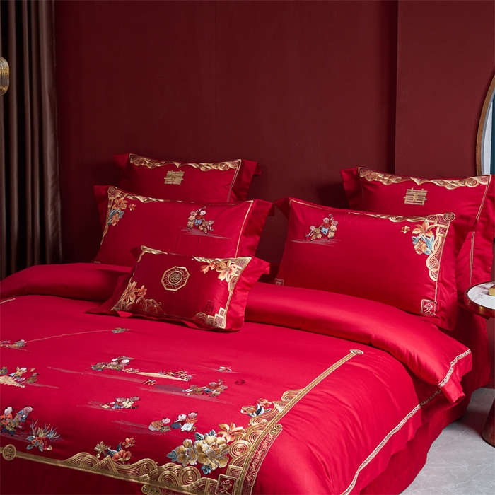 91家纺网 家纺一手货源 找家纺 高大尚婚庆馆 2023秋冬新款长绒棉多件套囍嫁系列 百子闹喜