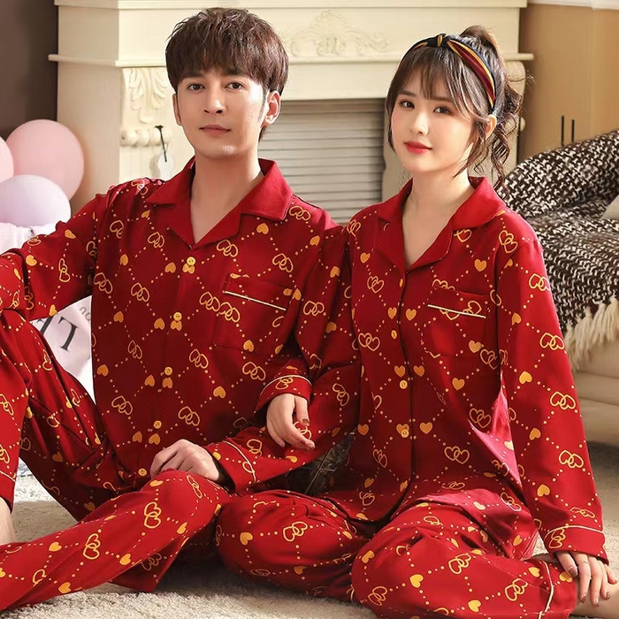 91家纺网 家纺一手货源 找家纺 洛兰沙家居馆【只代发】【只代发】 2023新款结婚喜庆情侣睡袍纯棉长袖春秋本命年新娘睡衣红色男女士家居服 红色男52014