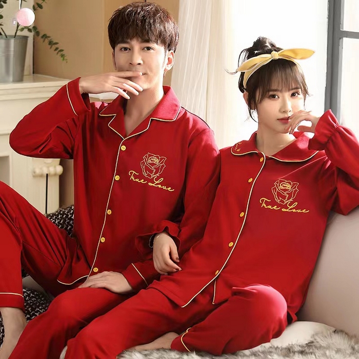 91家纺网 家纺一手货源 找家纺 洛兰沙家居馆【只代发】【只代发】 2023新款结婚喜庆情侣睡袍纯棉长袖春秋本命年新娘睡衣红色男女士家居服 红色女52015