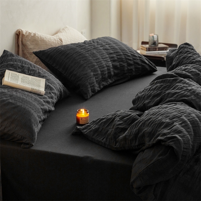 91家纺网 家纺一手货源 找家纺 梦享生活家居 2023新款提花四件套-侘寂风 泡泡纱-黑