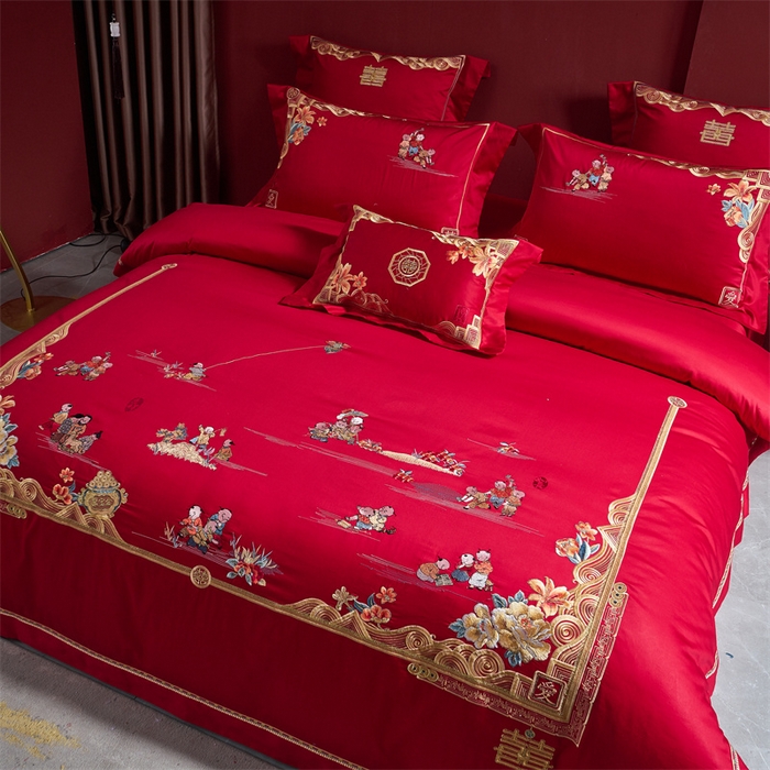 91家纺网 家纺一手货源 找家纺 高大尚婚庆馆 2023秋冬新款长绒棉多件套囍嫁系列 百子闹喜