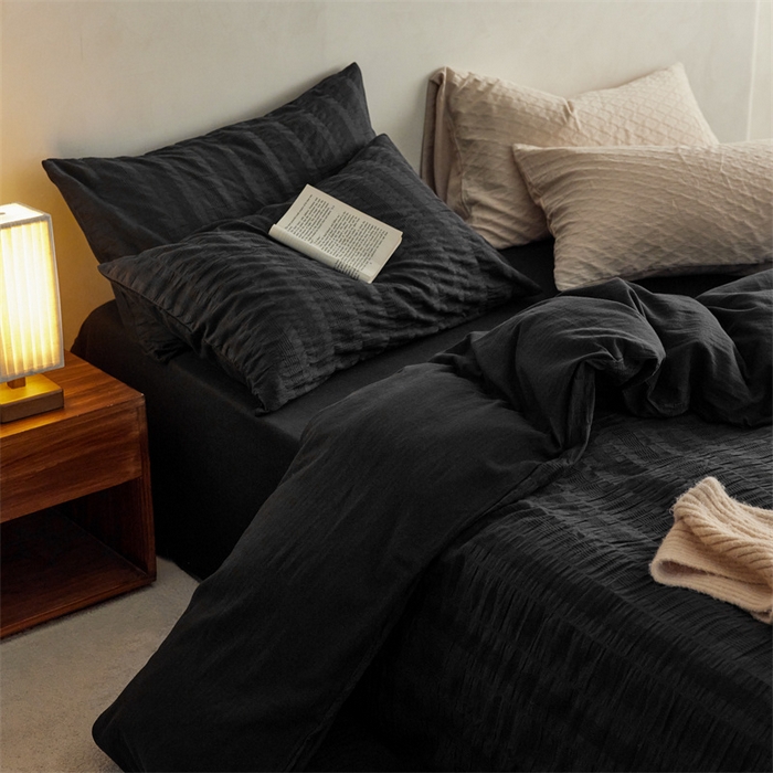 91家纺网 家纺一手货源 找家纺 梦享生活家居 2023新款提花四件套-侘寂风 泡泡纱-黑