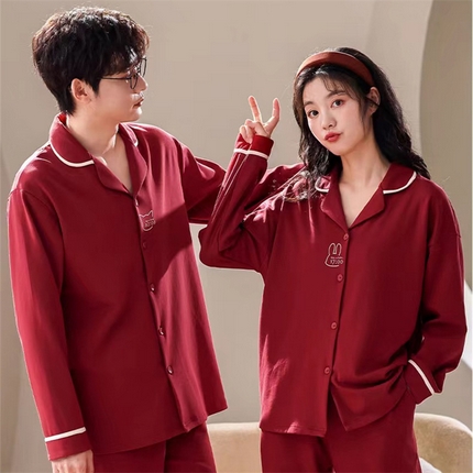 91家纺网 家纺一手货源 找家纺 洛兰沙家居馆【只代发】【只代发】 2023新款结婚喜庆情侣睡袍纯棉长袖春秋本命年新娘睡衣红色男女士家居服 红色男w2319