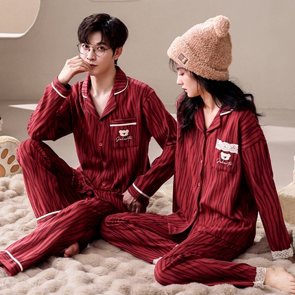 91家纺网 家纺一手货源 找家纺 洛兰沙家居馆【只代发】【只代发】 2023新款结婚喜庆情侣睡袍纯棉长袖春秋本命年新娘睡衣红色男女士家居服 红色女2319