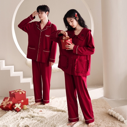 91家纺网 家纺一手货源 找家纺 （总）洛兰沙家居馆【只代发】【只代发】 2023新款结婚喜庆情侣睡袍纯棉长袖春秋本命年新娘睡衣红色男女士家居服