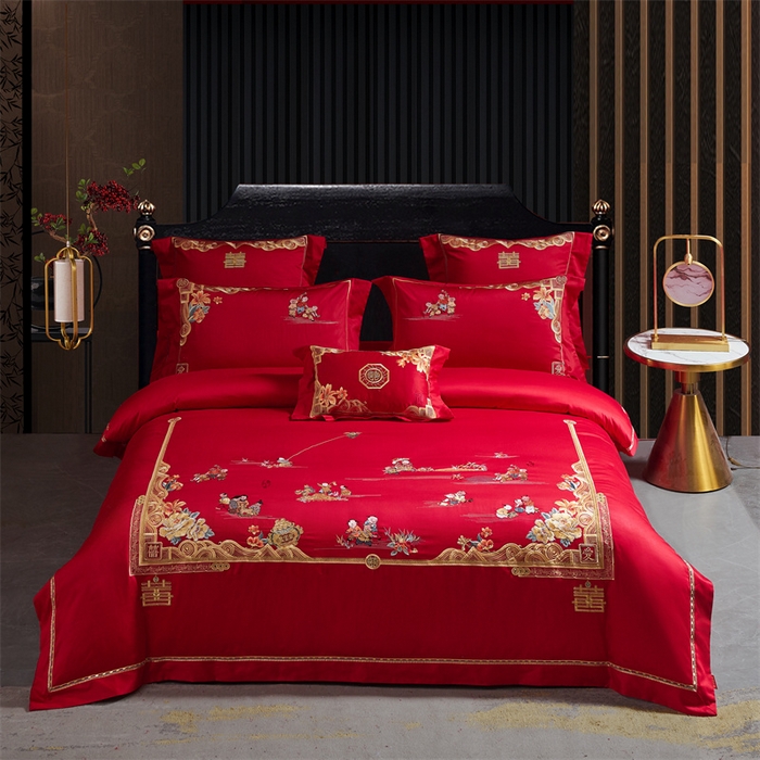 91家纺网 家纺一手货源 找家纺 高大尚婚庆馆 2023秋冬新款长绒棉多件套囍嫁系列 百子闹喜