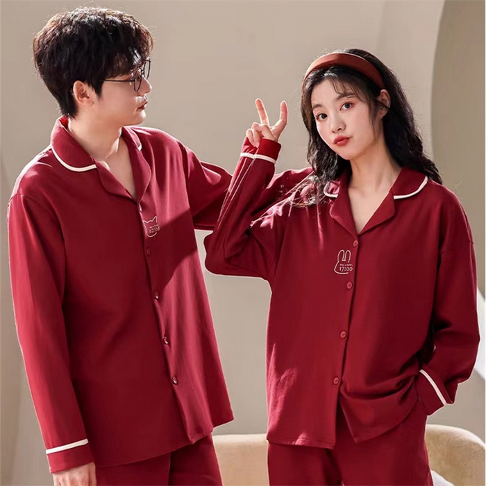 91家纺网 家纺一手货源 找家纺 洛兰沙家居馆【只代发】【只代发】 2023新款结婚喜庆情侣睡袍纯棉长袖春秋本命年新娘睡衣红色男女士家居服 红色男w2319