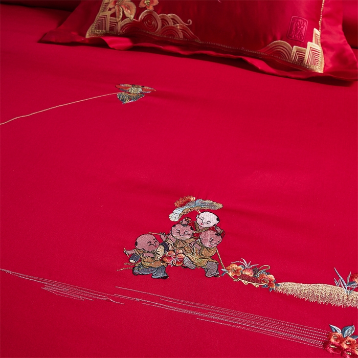 91家纺网 家纺一手货源 找家纺 高大尚婚庆馆 2023秋冬新款长绒棉多件套囍嫁系列 百子闹喜