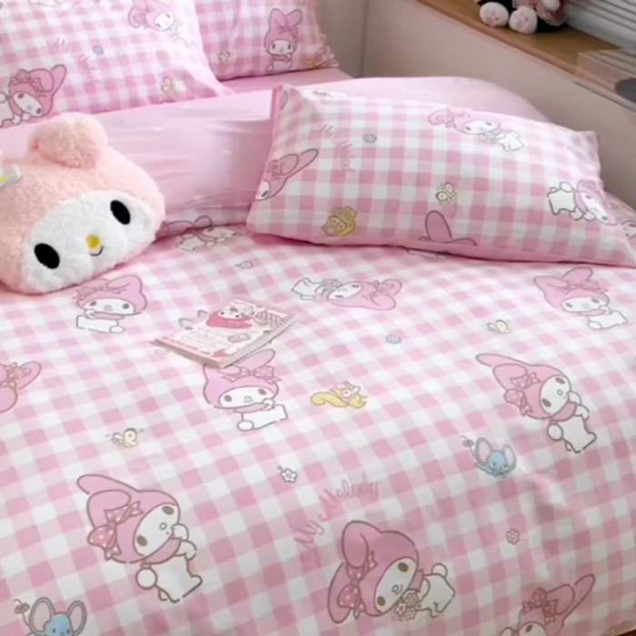 91家纺网 家纺一手货源 找家纺 朵希曼 2025新款全棉三丽鸥卡通印花系列四件套 粉格美乐蒂