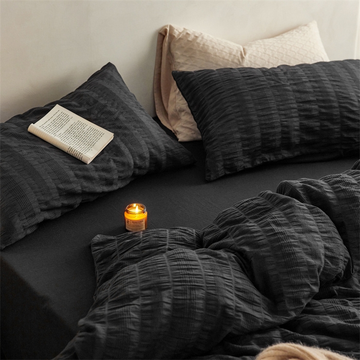 91家纺网 家纺一手货源 找家纺 梦享生活家居 2023新款提花四件套-侘寂风 泡泡纱-黑