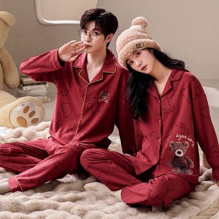 91家纺网 家纺一手货源 找家纺 洛兰沙家居馆【只代发】【只代发】 2023新款结婚喜庆情侣睡袍纯棉长袖春秋本命年新娘睡衣红色男女士家居服 红色女2322