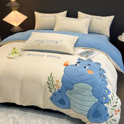 家居1号 2024新款牛奶绒龙龙贴布绣四件套 蓝龙维尼