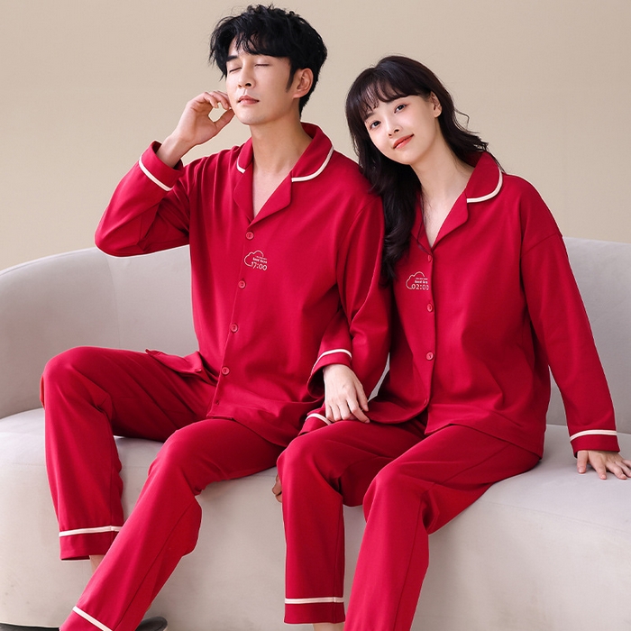 91家纺网 家纺一手货源 找家纺 洛兰沙家居馆【只代发】【只代发】 2023新款结婚喜庆情侣睡袍纯棉长袖春秋本命年新娘睡衣红色男女士家居服 红色女23501