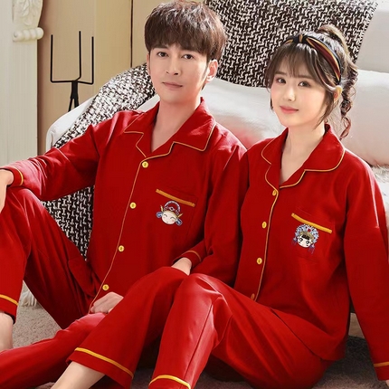 91家纺网 家纺一手货源 找家纺 （总）洛兰沙家居馆【只代发】【只代发】 2023新款结婚喜庆情侣睡袍纯棉长袖春秋本命年新娘睡衣红色男女士家居服