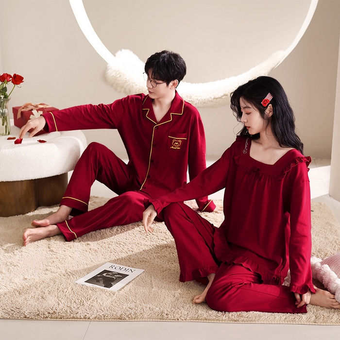 91家纺网 家纺一手货源 找家纺 （总）洛兰沙家居馆【只代发】【只代发】 2023新款结婚喜庆情侣睡袍纯棉长袖春秋本命年新娘睡衣红色男女士家居服