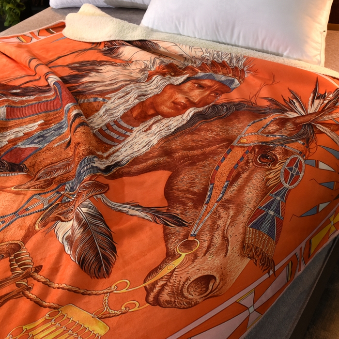 91家纺网 家纺一手货源 找家纺 爵仕家纺 2023新款羊羔绒毯宫廷风骏马系列 印第安人