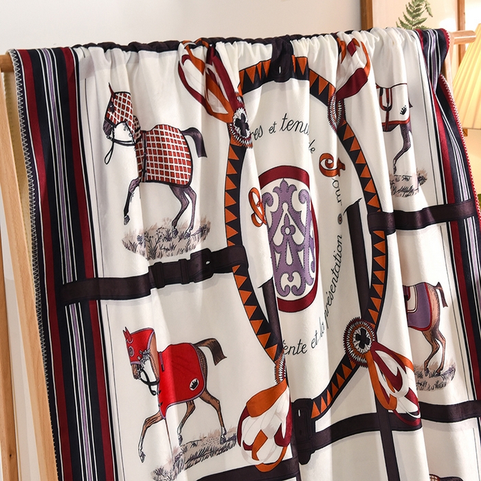 91家纺网 家纺一手货源 找家纺 爵仕家纺 2023新款羊羔绒毯宫廷风骏马系列 十骏马白