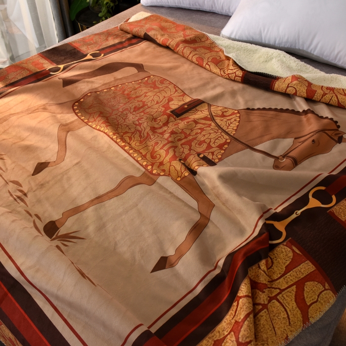 91家纺网 家纺一手货源 找家纺 爵仕家纺 2023新款羊羔绒毯宫廷风骏马系列 唐马