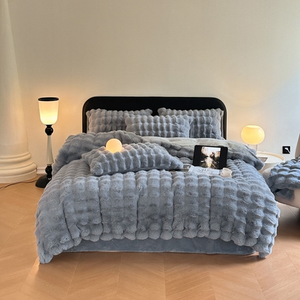 梦柏家纺 2023新款大兔绒四件套 灰蓝