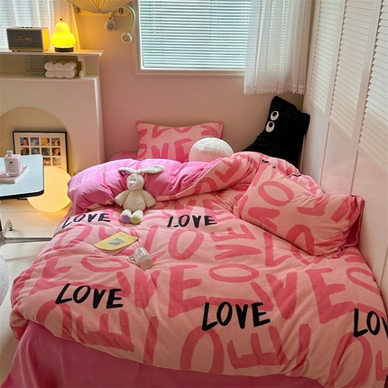 时年家纺 2023新款牛奶绒印花系列套件 简约风格 爱恋-粉