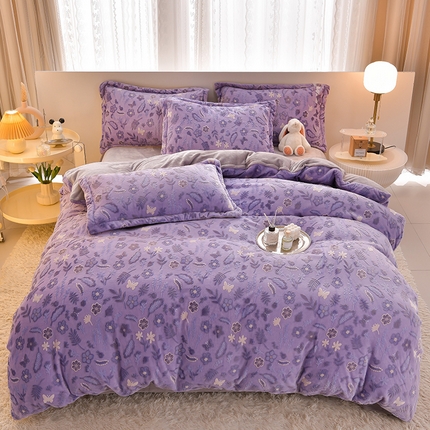 畅畅家纺 2024新款高克重8斤加厚牛奶绒6D雕花绒印花水晶绒金貂绒法莱绒四件套 繁花似锦-紫