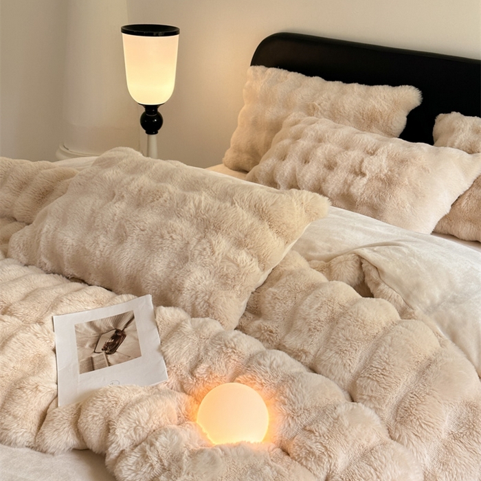 91家纺网 家纺一手货源 找家纺 梦柏家纺 2023新款大兔绒四件套 米杏