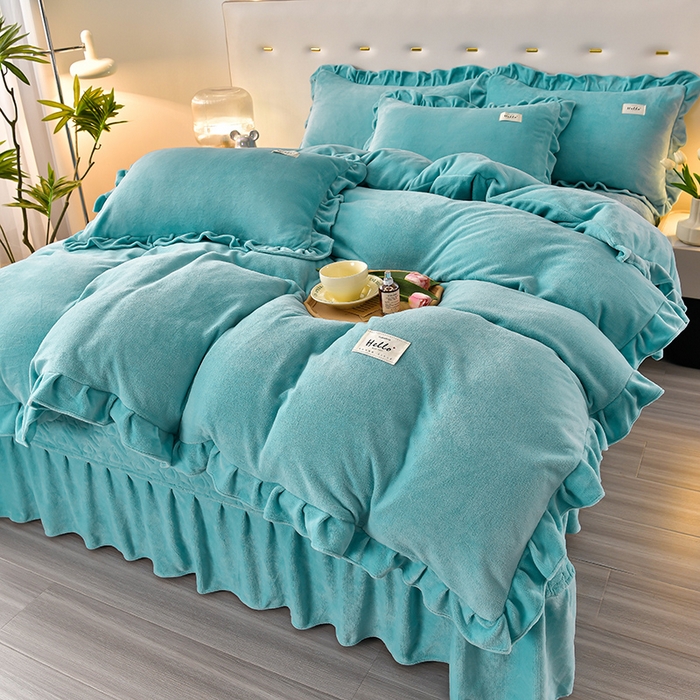 91家纺网 家纺一手货源 找家纺 畅畅家纺 2024新款高克重加厚保暖冬季牛奶绒纯色床盖款四件套 天蓝