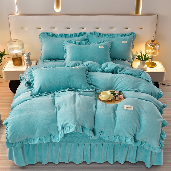 91家纺网 家纺一手货源 找家纺 畅畅家纺 2024新款高克重加厚保暖冬季牛奶绒纯色床盖款四件套 天蓝