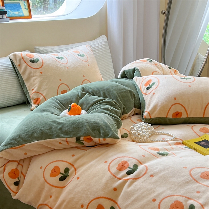 91家纺网 家纺一手货源 找家纺 2023新款牛奶绒印花系列套件 花卉风格 波点小花-咖