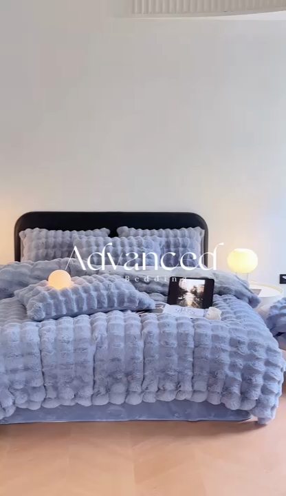 91家纺网 家纺一手货源 找家纺 梦柏家纺 2023新款大兔绒四件套 灰蓝