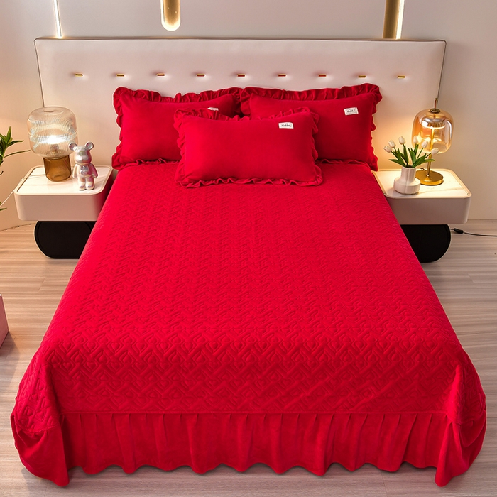 91家纺网 家纺一手货源 找家纺 畅畅家纺 2024新款高克重加厚保暖冬季牛奶绒纯色床盖款四件套 中国红