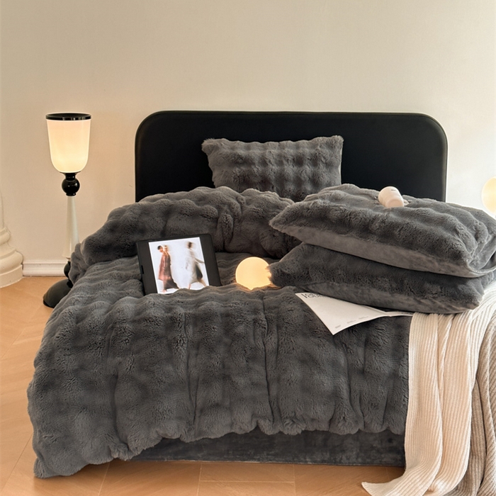 91家纺网 家纺一手货源 找家纺 梦柏家纺 2023新款大兔绒四件套 深灰