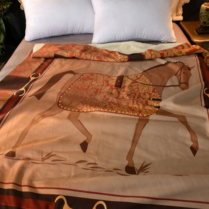 91家纺网 家纺一手货源 找家纺 爵仕家纺 2023新款羊羔绒毯宫廷风骏马系列 唐马