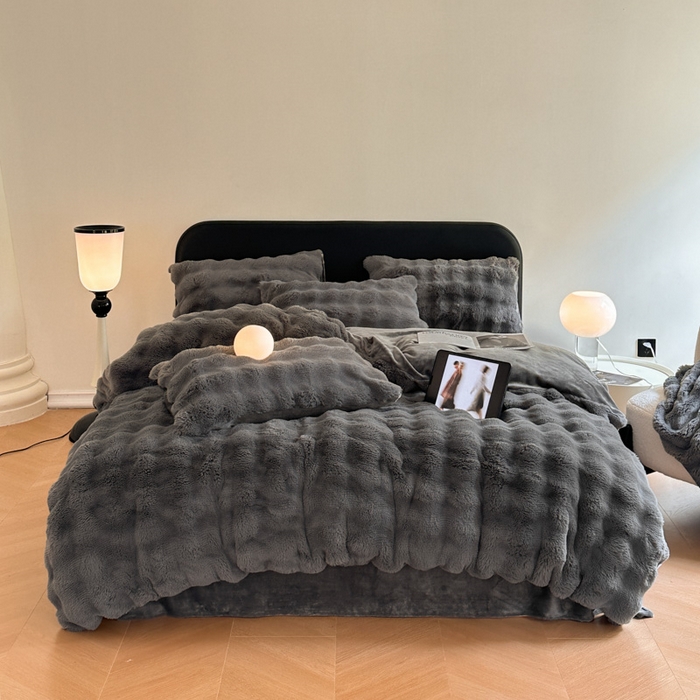 91家纺网 家纺一手货源 找家纺 梦柏家纺 2023新款大兔绒四件套 深灰