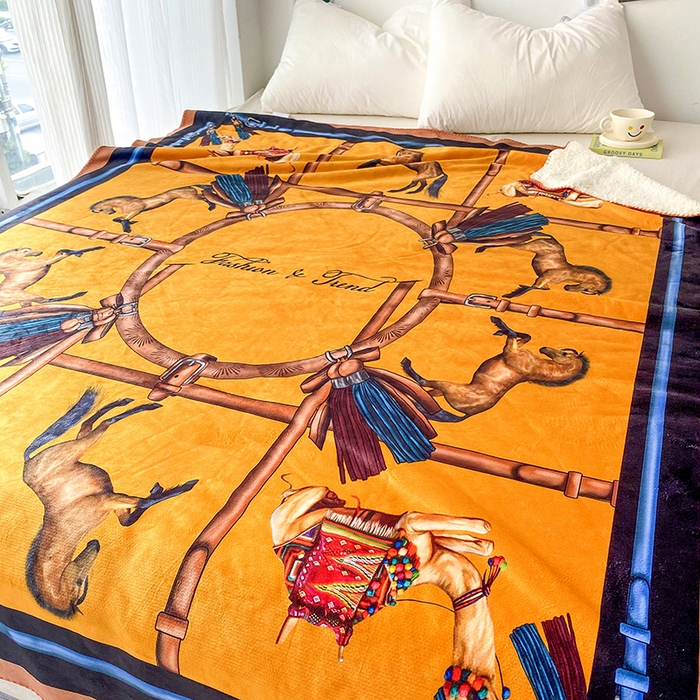 91家纺网 家纺一手货源 找家纺 爵仕家纺 2023新款羊羔绒毯宫廷风骏马系列 丝绸之路