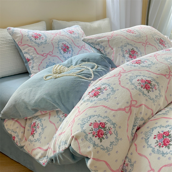 91家纺网 家纺一手货源 找家纺 2023新款牛奶绒印花系列套件 花卉风格 伊莎