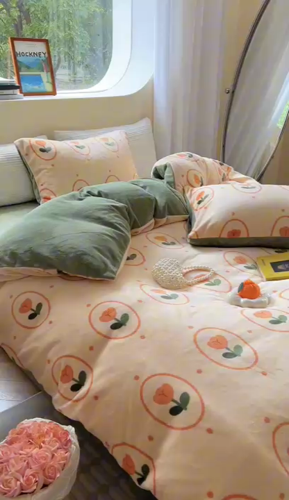 91家纺网 家纺一手货源 找家纺 2023新款牛奶绒印花系列套件 花卉风格 波点小花-咖