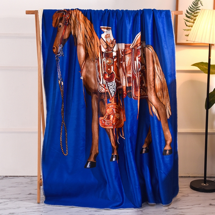 91家纺网 家纺一手货源 找家纺 爵仕家纺 2023新款羊羔绒毯宫廷风骏马系列 蓝马