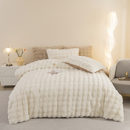 新月家纺（锦威郎） 2023新款AB面泡泡兔兔绒皮草四件套 奶昔白