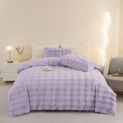 91家纺网 家纺一手货源 找家纺 新月家纺（锦威郎） 2023新款AB面泡泡兔兔绒皮草四件套 高贵紫