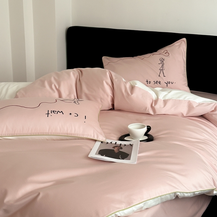 91家纺网 家纺一手货源 找家纺 时年 2023新款100支双股澳棉刺绣款四件套 遇见-粉