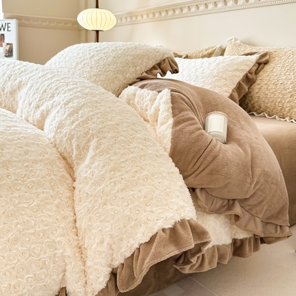 米莱家纺 2023新款兔毛四件套 玫瑰花 玫瑰花-白加咖