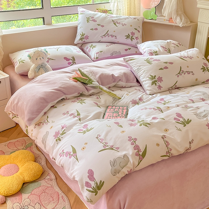 91家纺网 家纺一手货源 找家纺 麦伦家居 2023新款秋冬多功能床品全棉加牛奶绒单被套 紫铃花