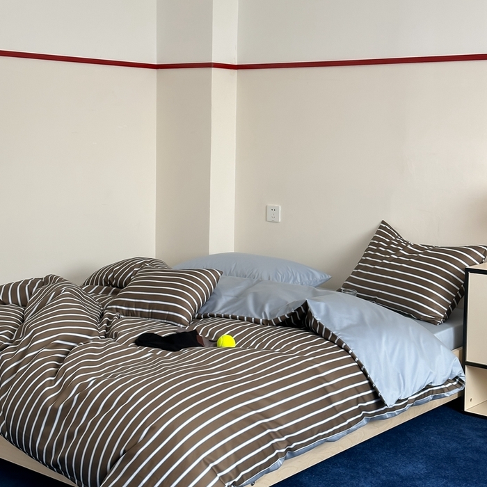 91家纺网 家纺一手货源 找家纺 时年 2023新款100支数码印花条纹四件套 复古摩卡