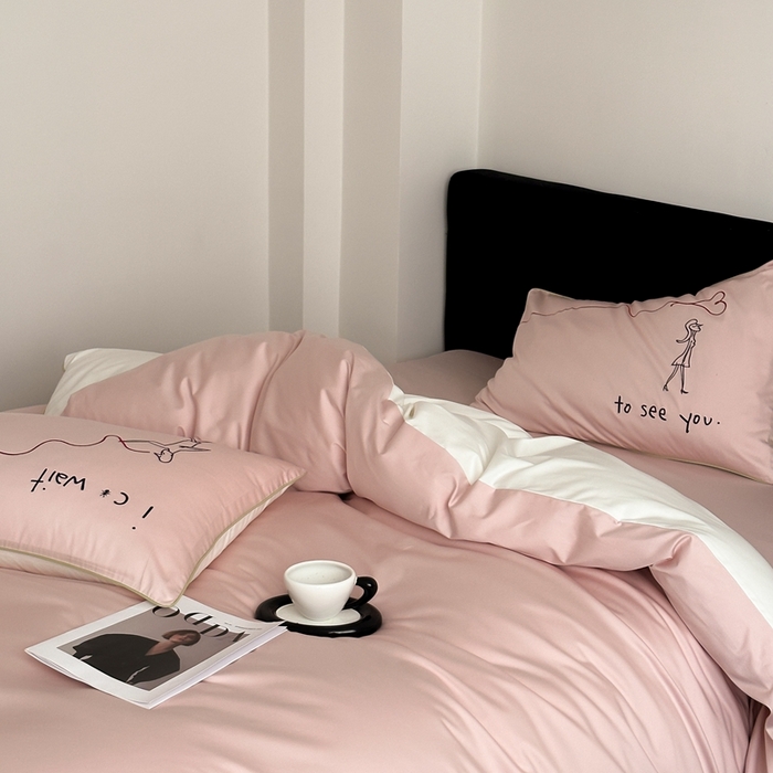 91家纺网 家纺一手货源 找家纺 时年 2023新款100支双股澳棉刺绣款四件套 遇见-粉