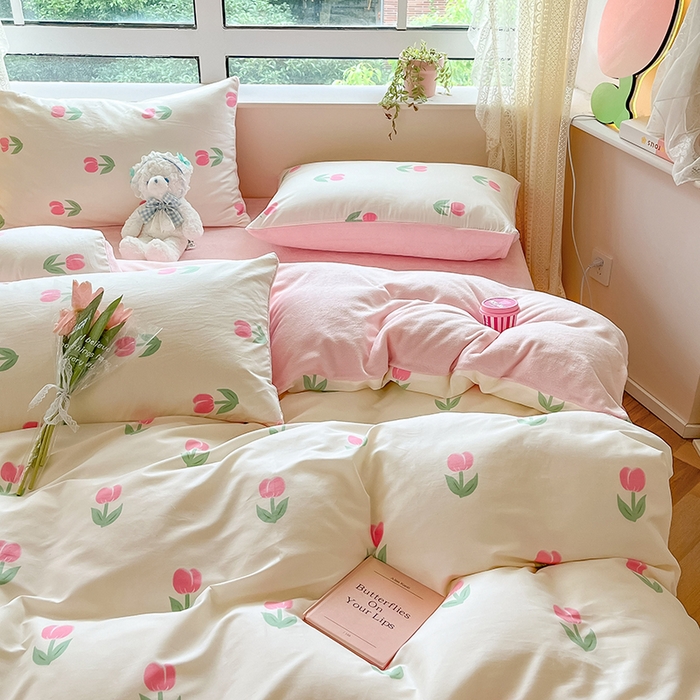 91家纺网 家纺一手货源 找家纺 麦伦家居 2023新款秋冬多功能床品全棉加牛奶绒单被套 粉色郁金香