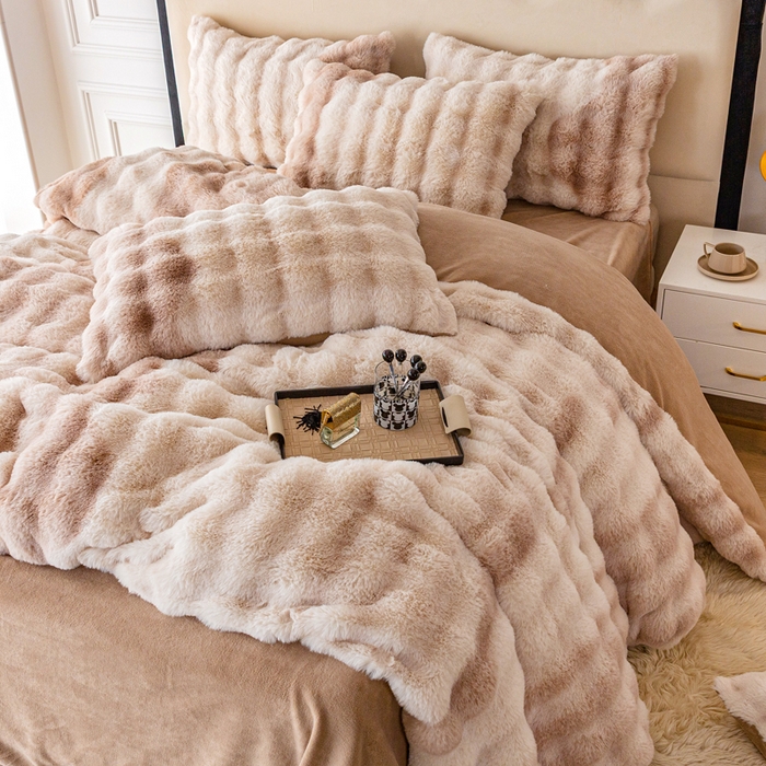 91家纺网 家纺一手货源 找家纺 邦妮家纺2024新款直播爆款兔兔绒兔毛绒渐变色彩色牛奶绒四件套 七彩咖