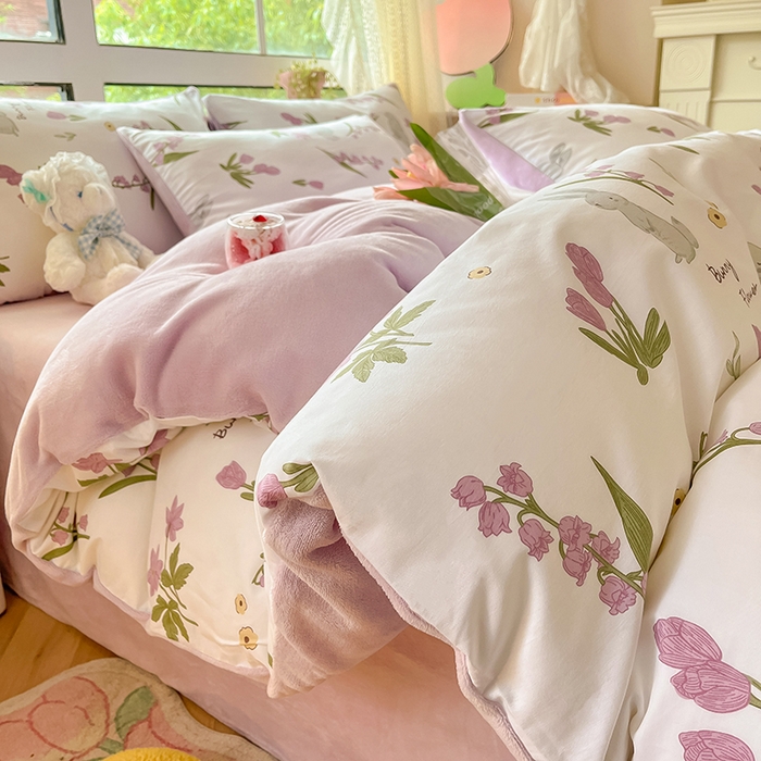 91家纺网 家纺一手货源 找家纺 麦伦家居 2023新款秋冬多功能床品全棉加牛奶绒单被套 紫铃花